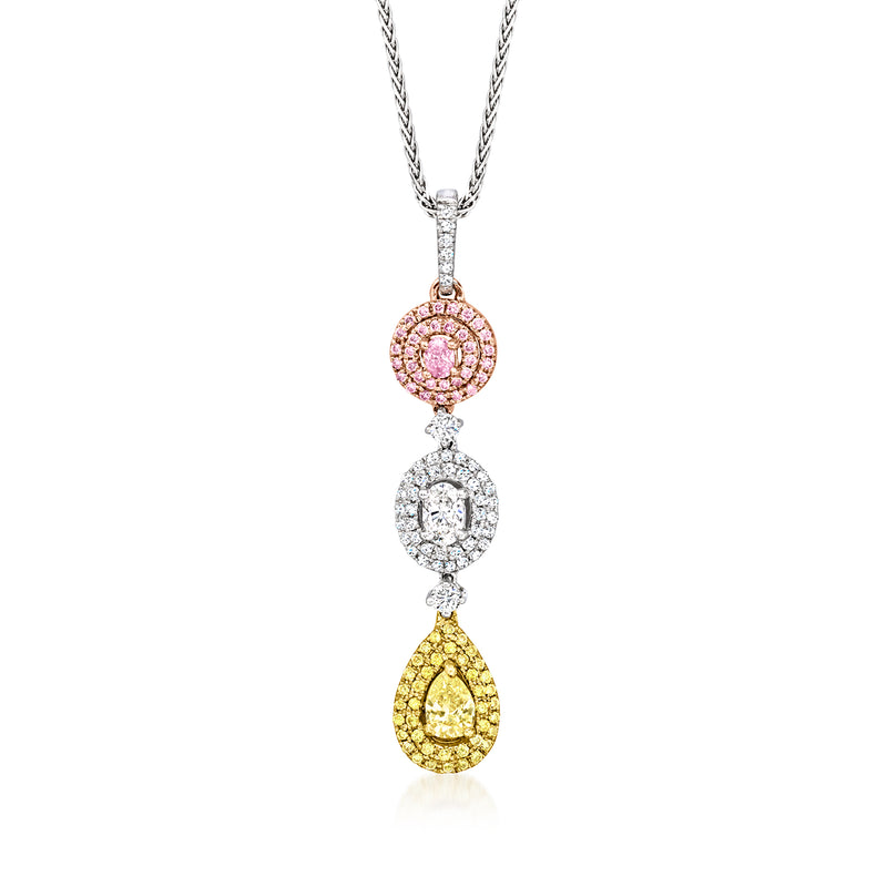 Multicolored diamond drop pendant necklace with three round and teardrop stations