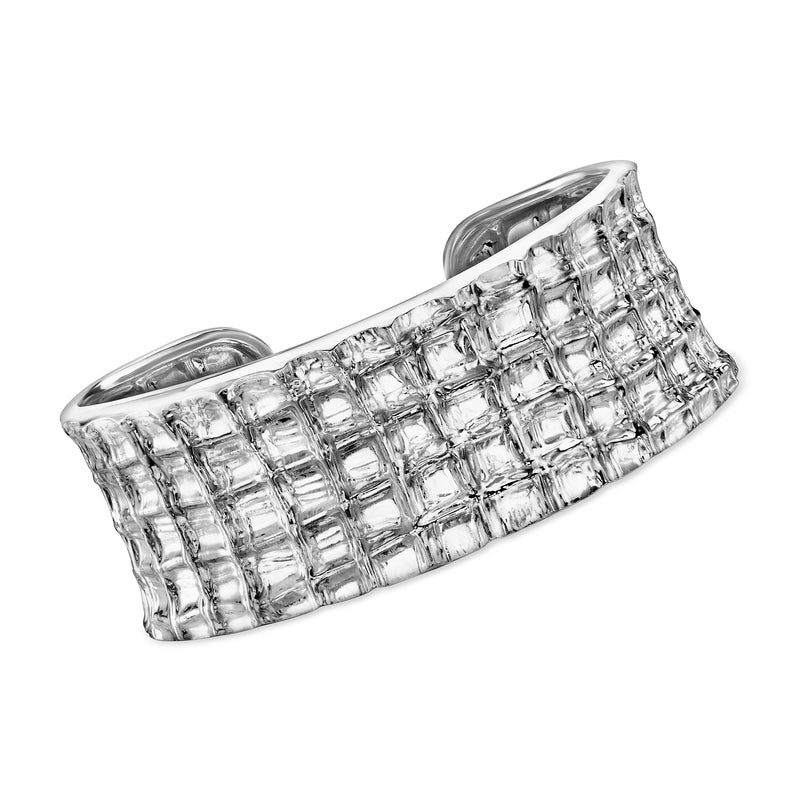 Sterling silver grid-pattern cuff bracelet with polished rectangular woven design