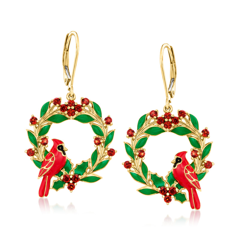 Gold-tone drop earrings with green wreath, red stones, and red cardinal charms