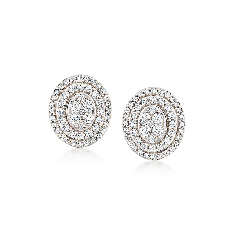Round halo diamond stud earrings in 14kt white gold, pave bezel setting