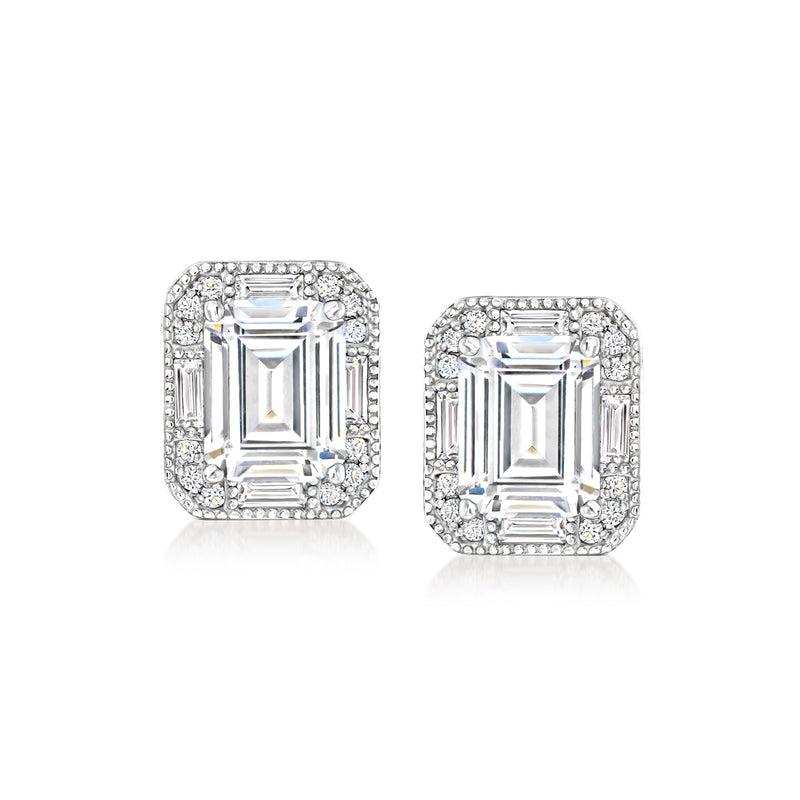 Sterling silver stud earrings with emerald-cut CZ in halo frame