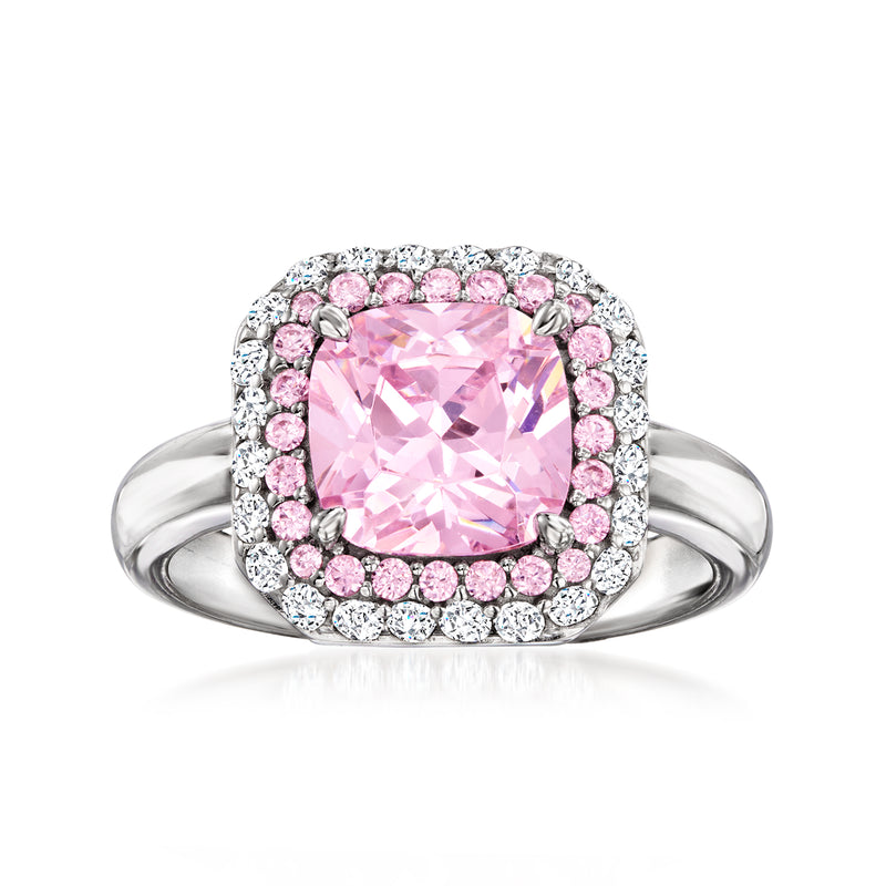 Sterling silver ring with cushion-cut pink center stone and pink CZ halo