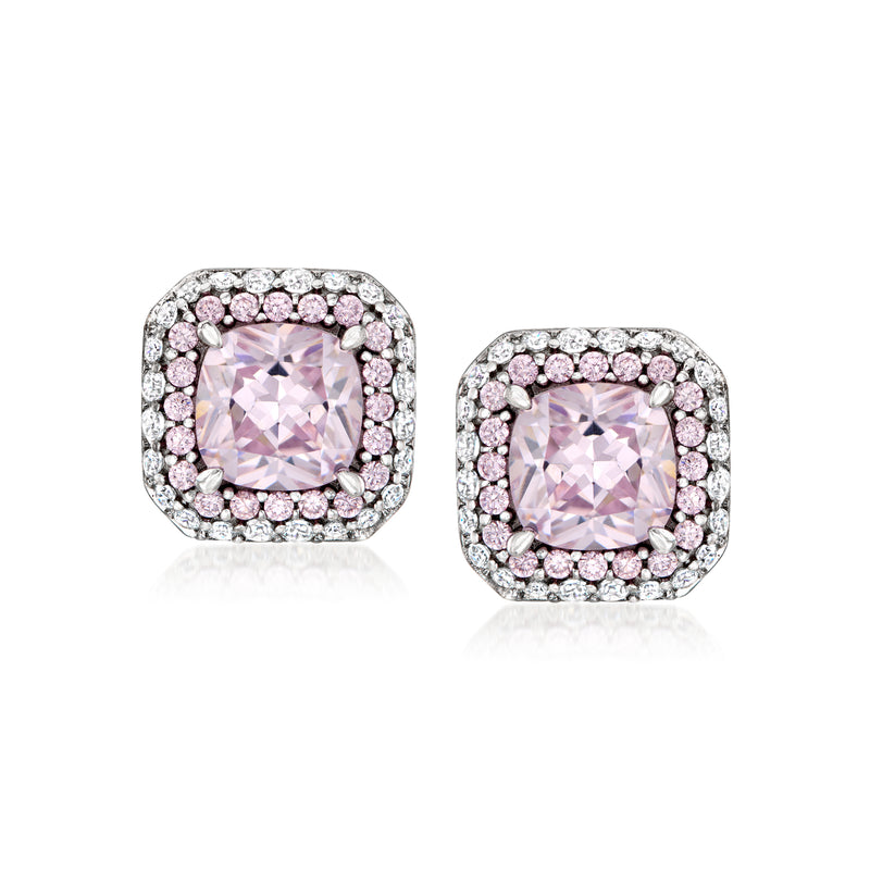 Sterling silver stud earrings with pink square center stone and CZ halo, post backs
