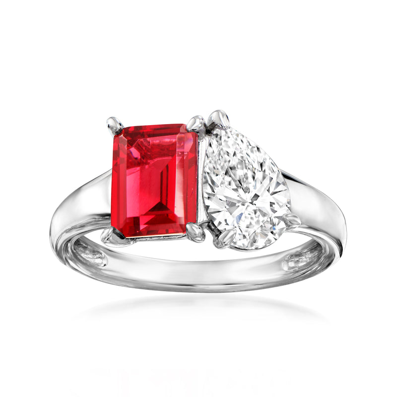 Sterling silver toi et moi ring with red rectangular and white round CZ stones