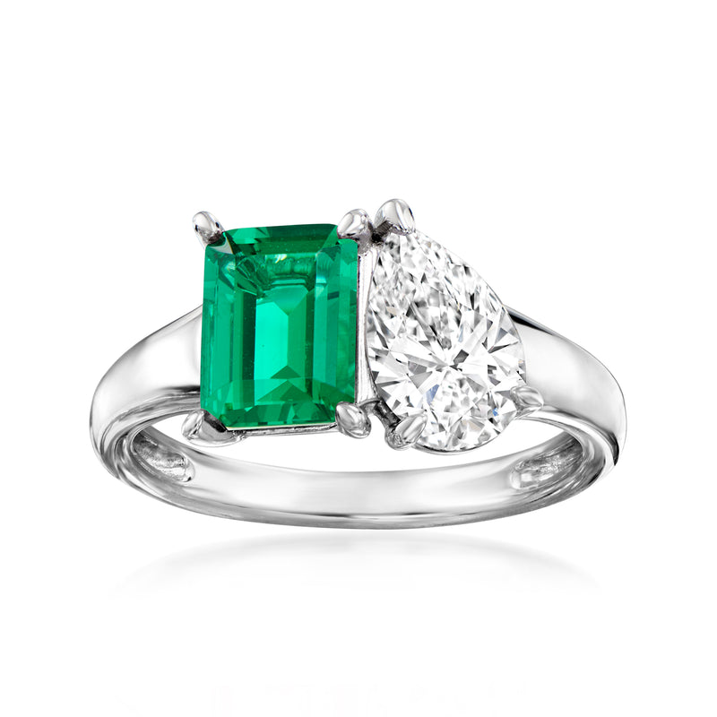 Sterling silver toi et moi ring with green simulated emerald and clear CZ stones
