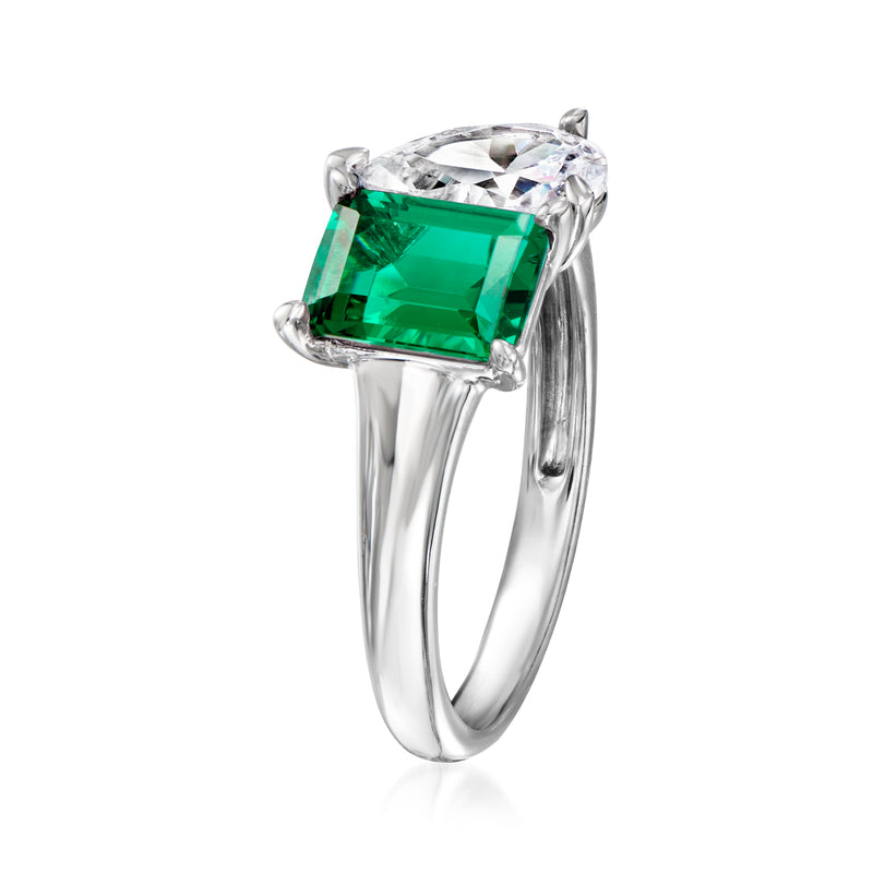 Sterling silver toi et moi ring with green emerald-cut center stone and clear CZ stone