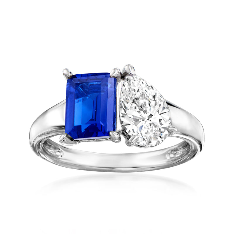 Sterling silver toi et moi ring: emerald-cut blue and clear CZ stones