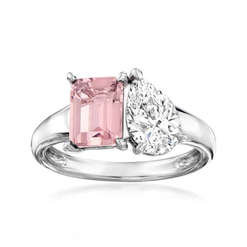 Sterling silver toi et moi ring with pink emerald-cut and clear cushion-cut stones