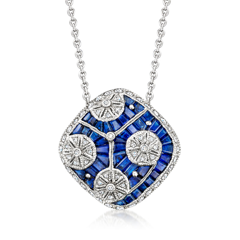 18kt white gold sapphire and diamond square pendant necklace with blue stone inlays