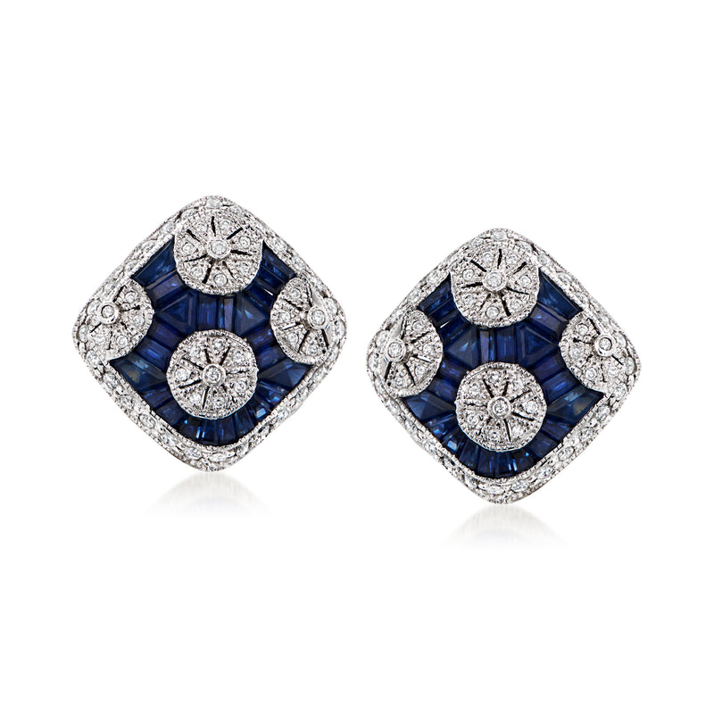 Square sapphire stud earrings with diamond halos in white gold, push-back style