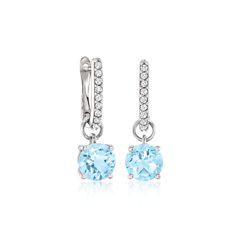 Sterling silver hoop earrings with pave accents and round blue gemstone drops
