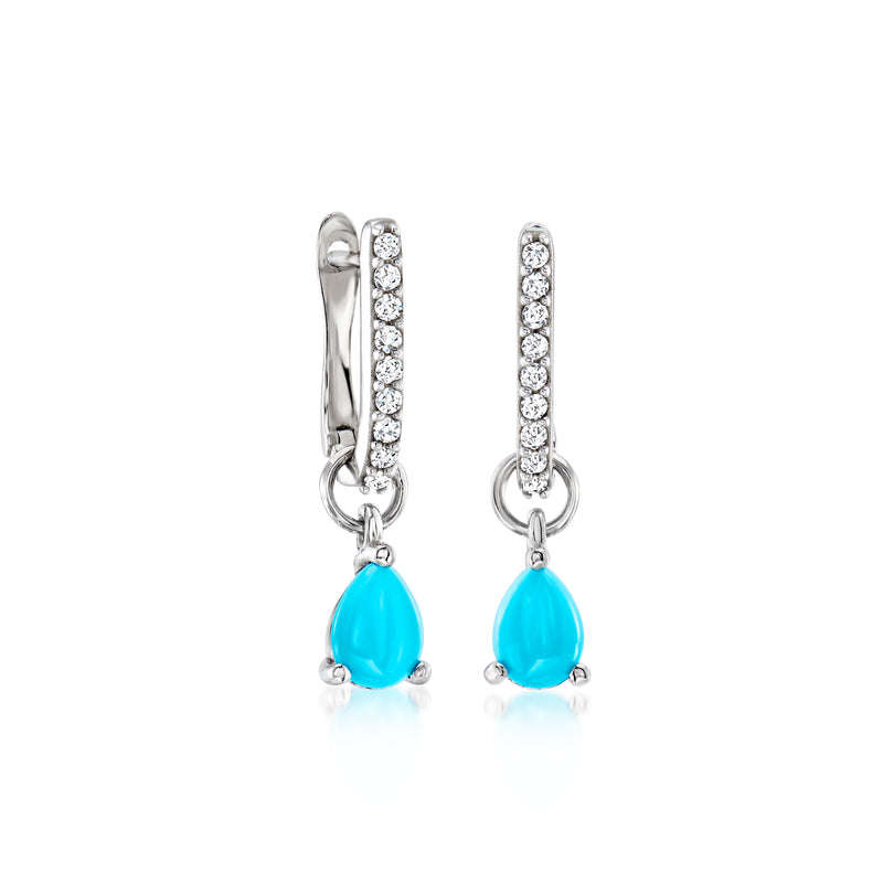 Sterling silver hoop earrings with pavé stones and blue teardrop drops