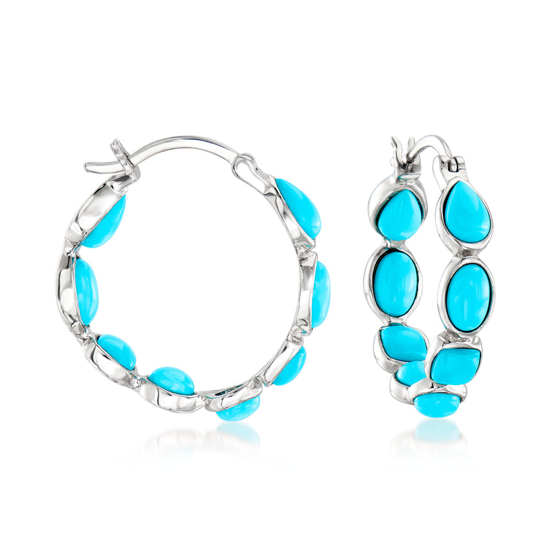 Sterling silver hoop earrings with turquoise teardrop inlays, inside-out style