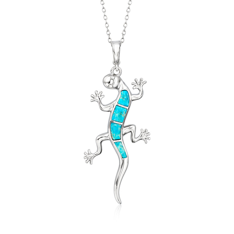 Sterling silver lizard pendant necklace with turquoise stone inlays