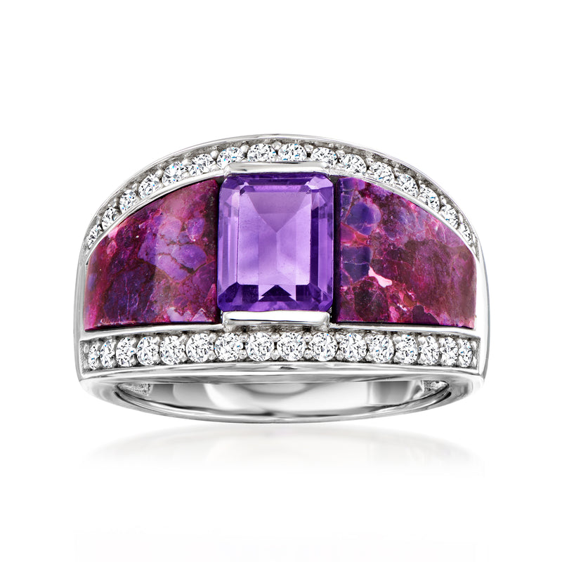 Sterling silver ring with square purple amethyst center and white zircon halo