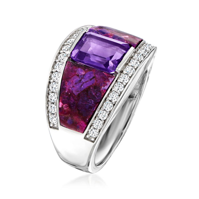 Sterling silver ring with rectangular purple amethyst and white zircon side accents