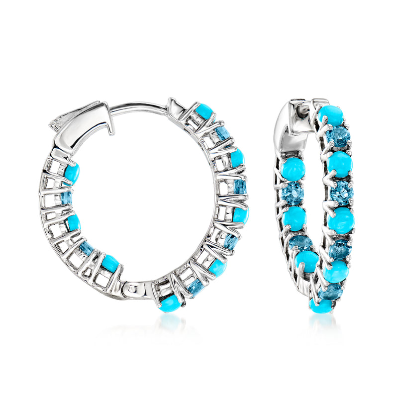 Sterling silver hoop earrings with turquoise topaz-like stones, inside-out style