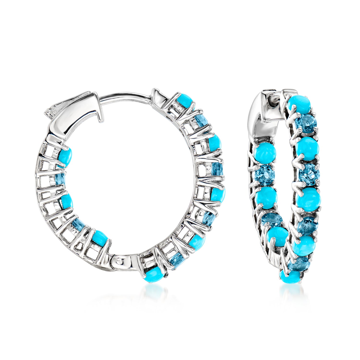 Turquoise and 1.60 ct. t.w. London Blue Topaz Inside-Outside Hoop Earrings in Sterling Silver