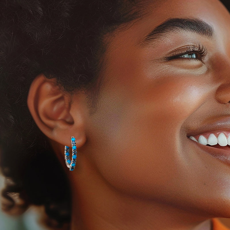 Turquoise gemstone hoop earrings on model, sterling silver with stacked stone rows