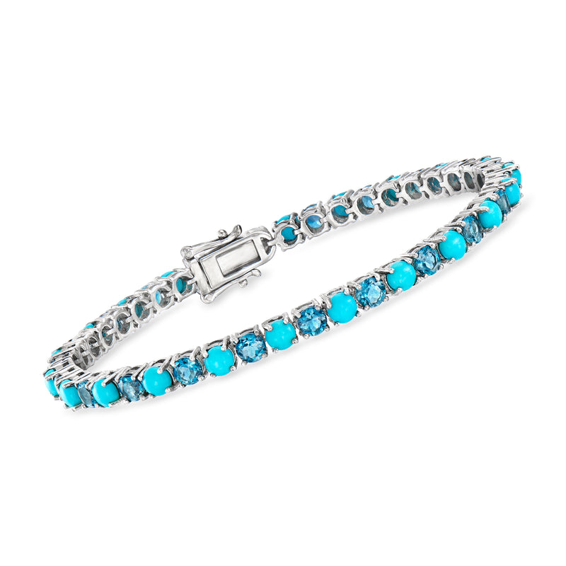 Sterling silver tennis bracelet with turquoise and blue topaz row, hinged clasp