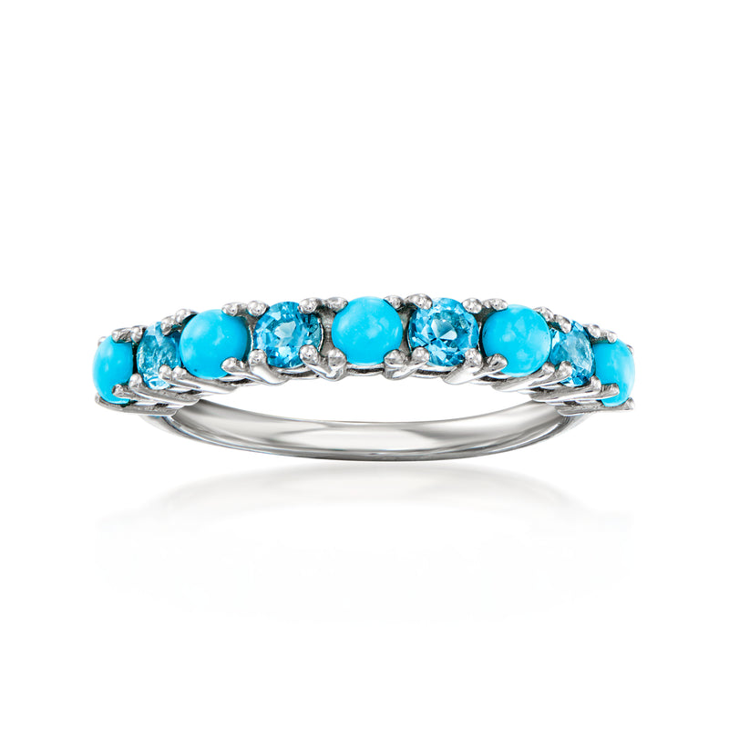 Sterling silver ring with alternating turquoise and light blue gemstones in a row