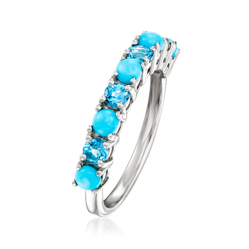 Sterling silver blue gemstone ring, side view with oval and round settings