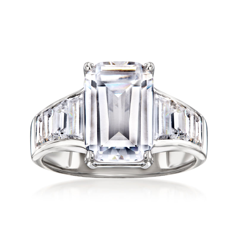 Sterling silver CZ ring with large emerald-cut clear center and baguette side stones