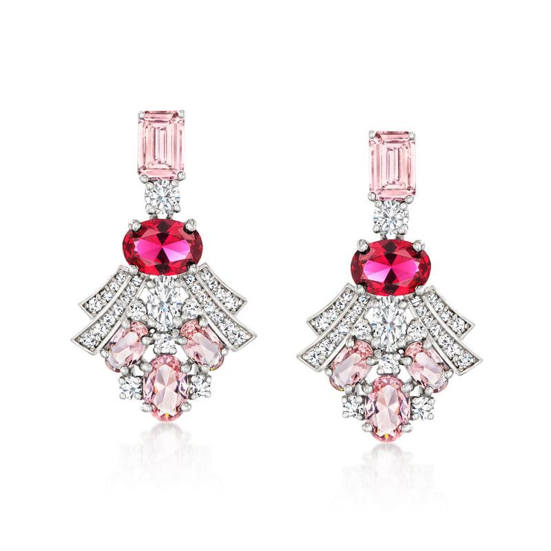 Sterling silver drop earrings with red oval center, pink and clear CZ clusters