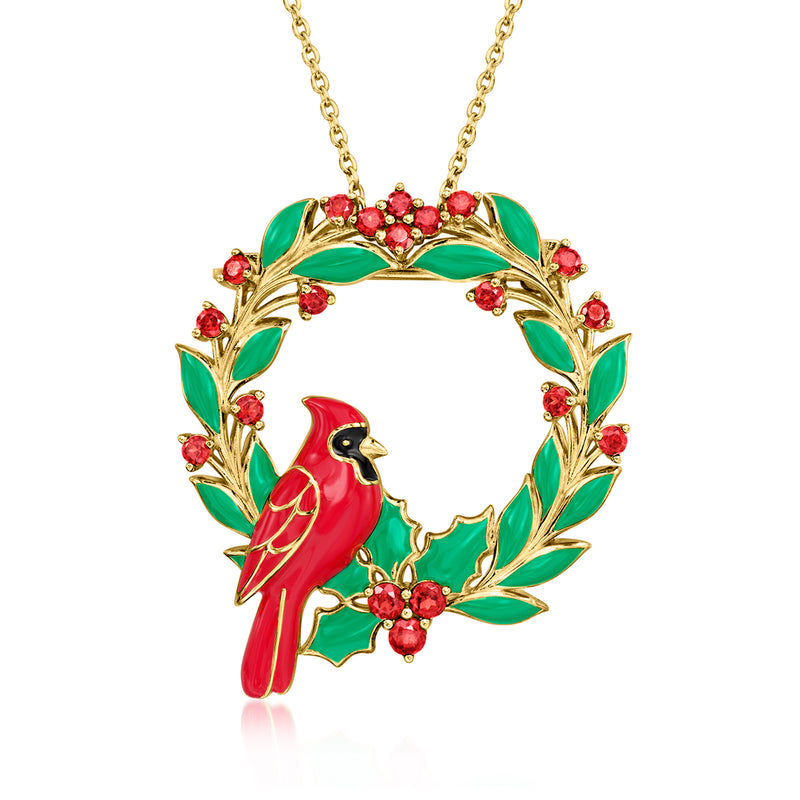 Garnet and multicolored enamel cardinal wreath pendant on gold-tone chain