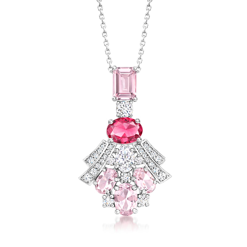 Sterling silver pendant necklace with pink rectangular stone, red oval center, CZ halo