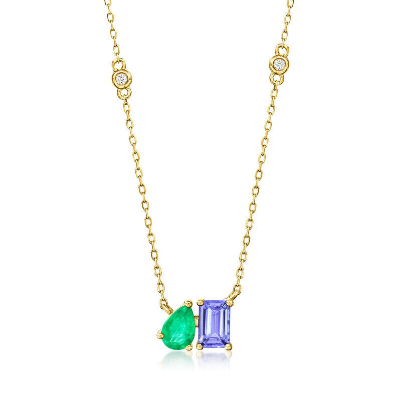 14kt yellow gold toi et moi necklace with emerald-cut tanzanite and pear emerald