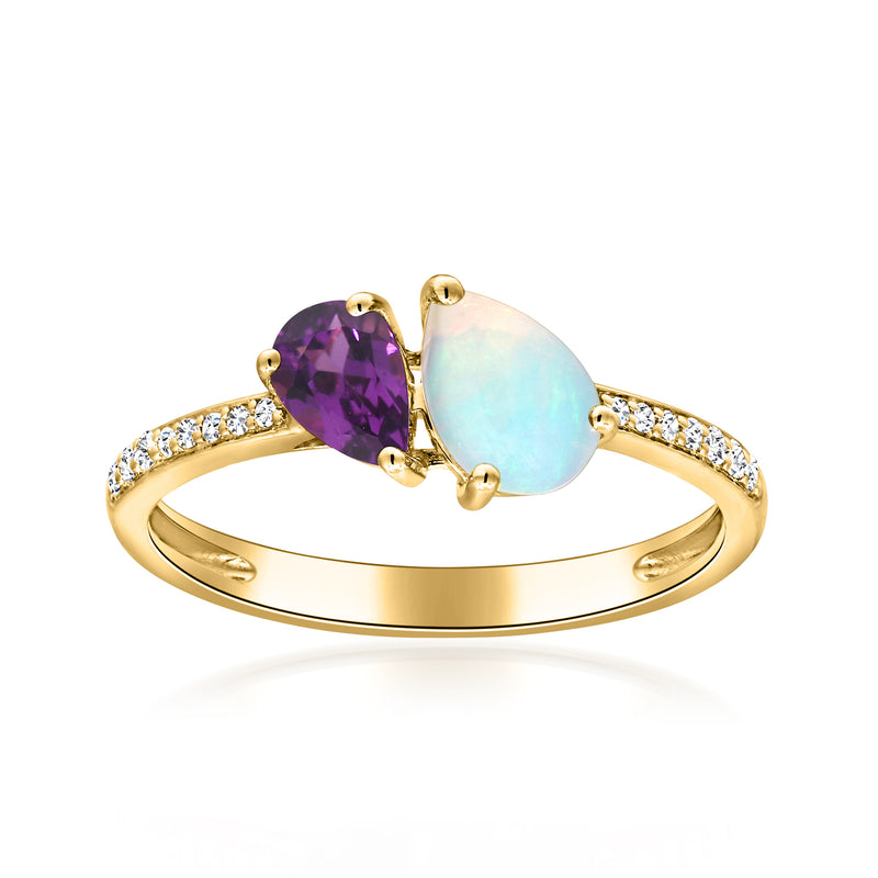 14kt yellow gold toi et moi ring with oval rhodolite garnet, opal, and diamond accents
