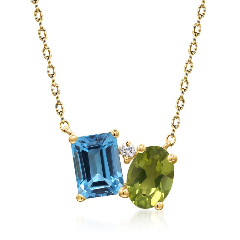 14kt yellow gold necklace: emerald-cut blue topaz, oval peridot, single diamond