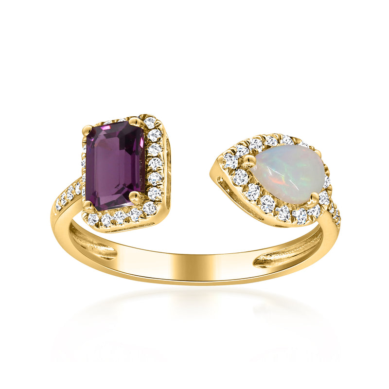 14kt yellow gold toi et moi ring with purple cushion gemstone, oval opal, diamond halos