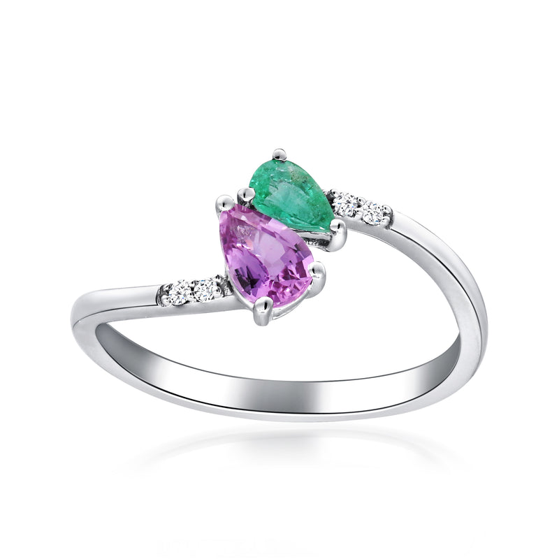 14kt white gold toi et moi ring with pink and green oval gemstones and diamond accents