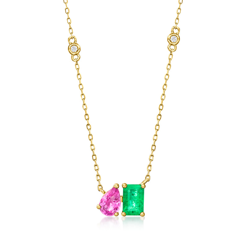 14kt yellow gold toi et moi necklace with pink pear sapphire, green emerald, diamond accents