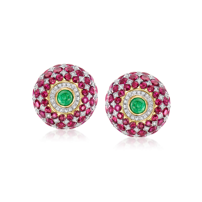Vintage round stud earrings with ruby-pink checkerboard stones, green center, gold bezel