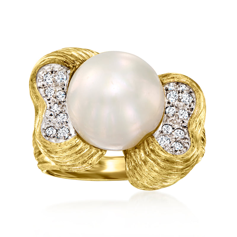 Vintage 14kt yellow gold ring with large cultured pearl center and diamond side accents