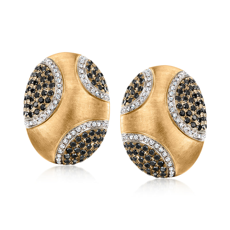 Yellow gold clip-on diamond earrings with black and white pave oval hoop design