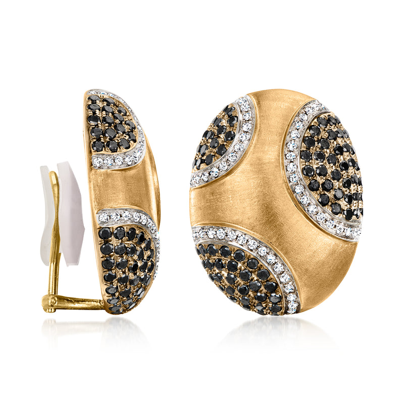 Yellow gold clip-on earrings, side view, with black diamond pave panels and white accents