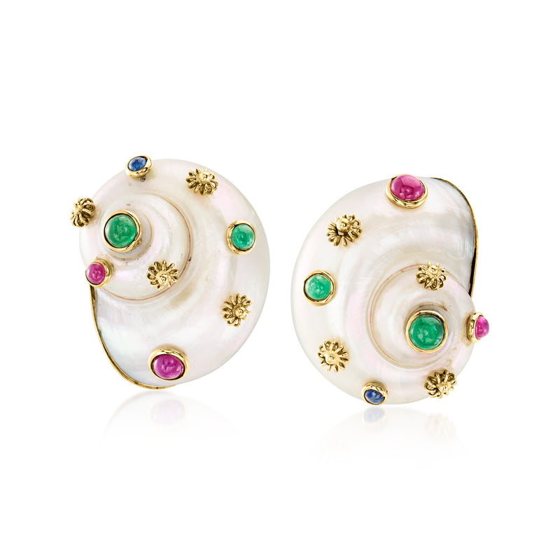 Conch shell gemstone earrings in yellow gold with multicolor stones