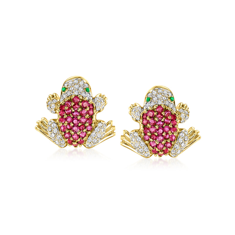 Frog earrings in 18kt yellow gold with ruby pink stones, diamond accents and green eyes