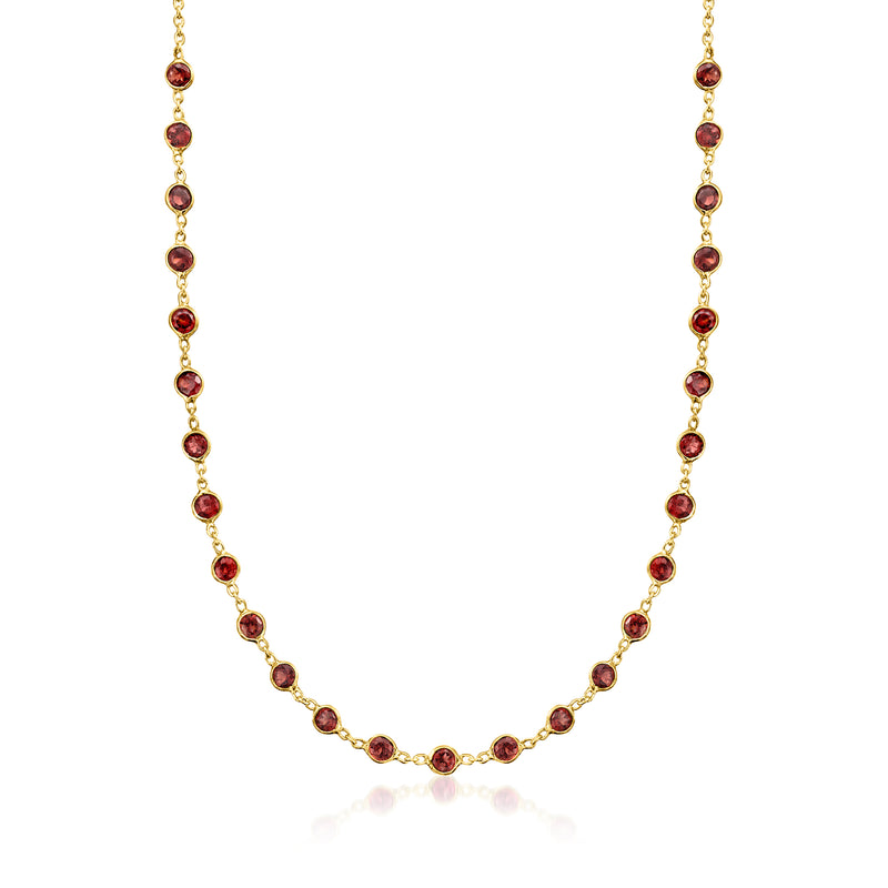 Bezel-set garnet tennis necklace in gold over sterling with red round stones