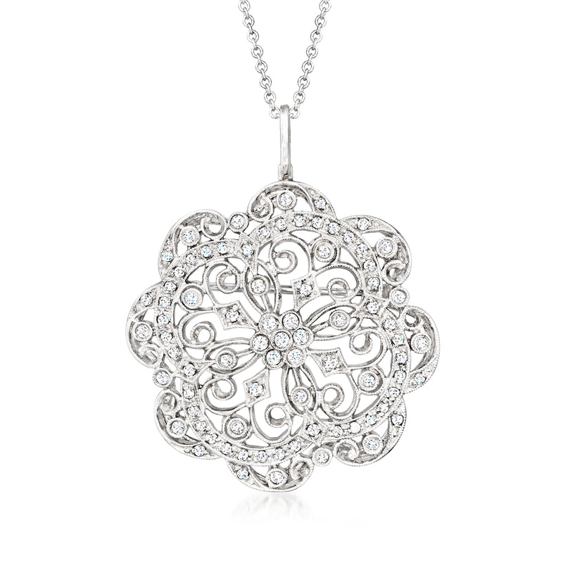 Vintage white gold diamond filigree pendant necklace with round clustered stones