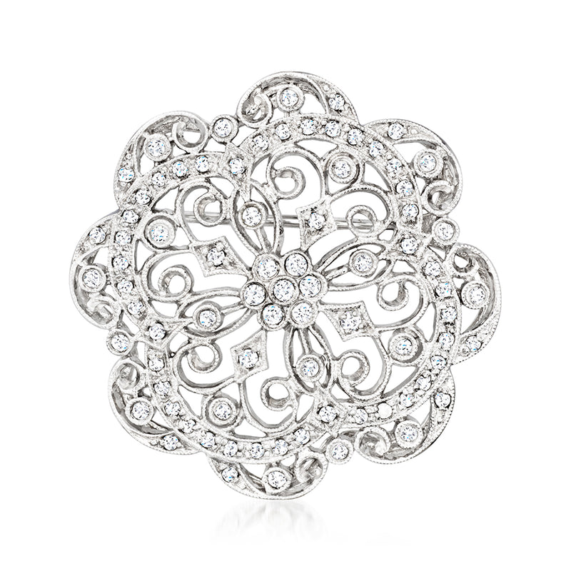 White gold diamond filigree flower pendant with ornate circular design on chain