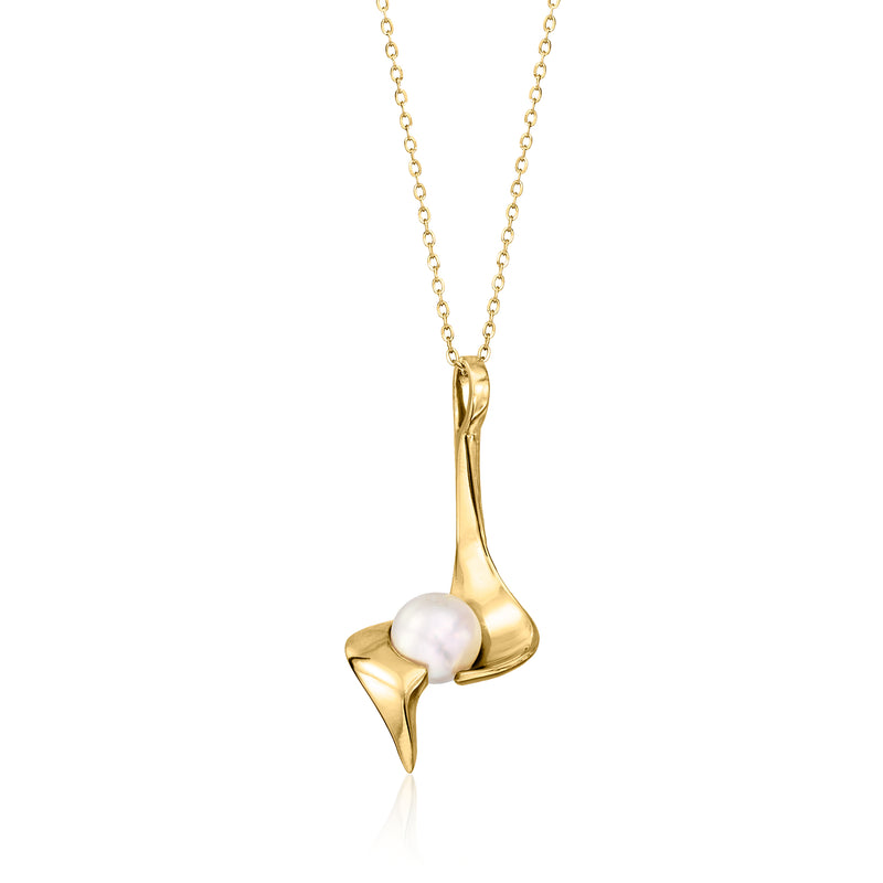 Asymmetrical yellow-gold pendant necklace with cultured pearl drop and chain