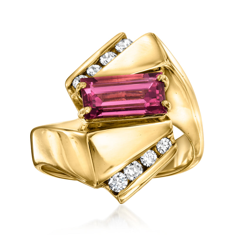 14kt yellow gold geometric ring with pink rectangular rhodolite garnet and diamond accents