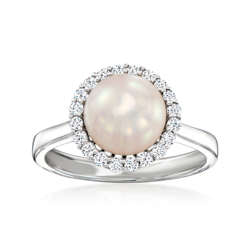 Cultured pearl and diamond halo ring in 14kt white gold, round pearl center
