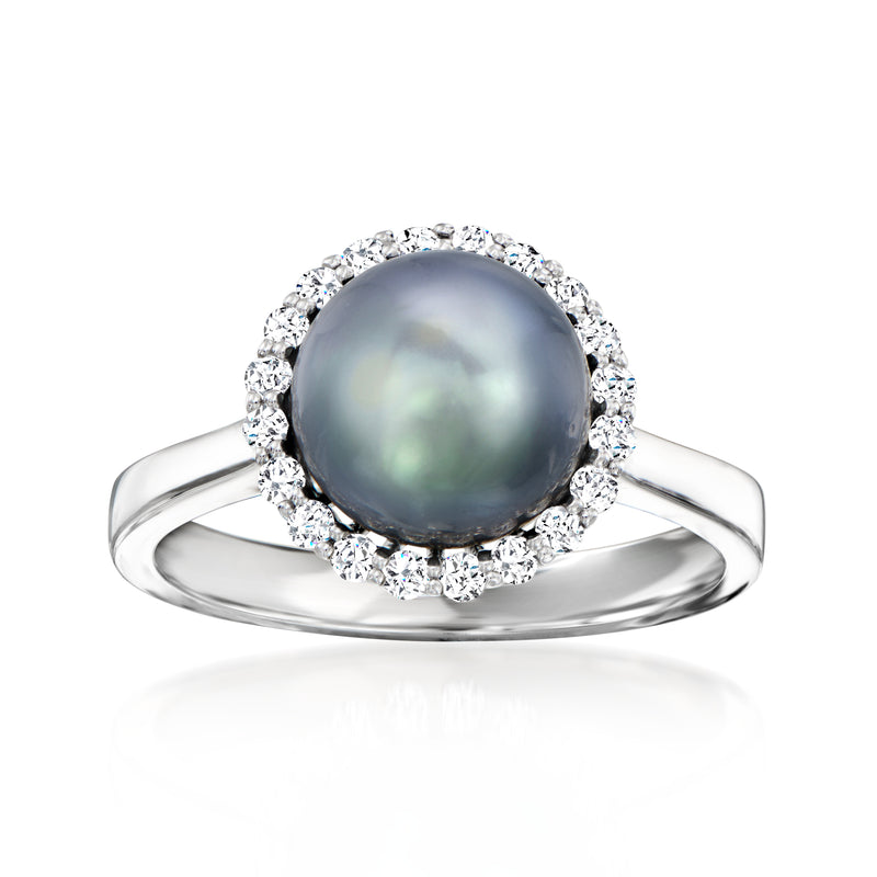 14kt white gold ring with dark Tahitian pearl center and diamond halo
