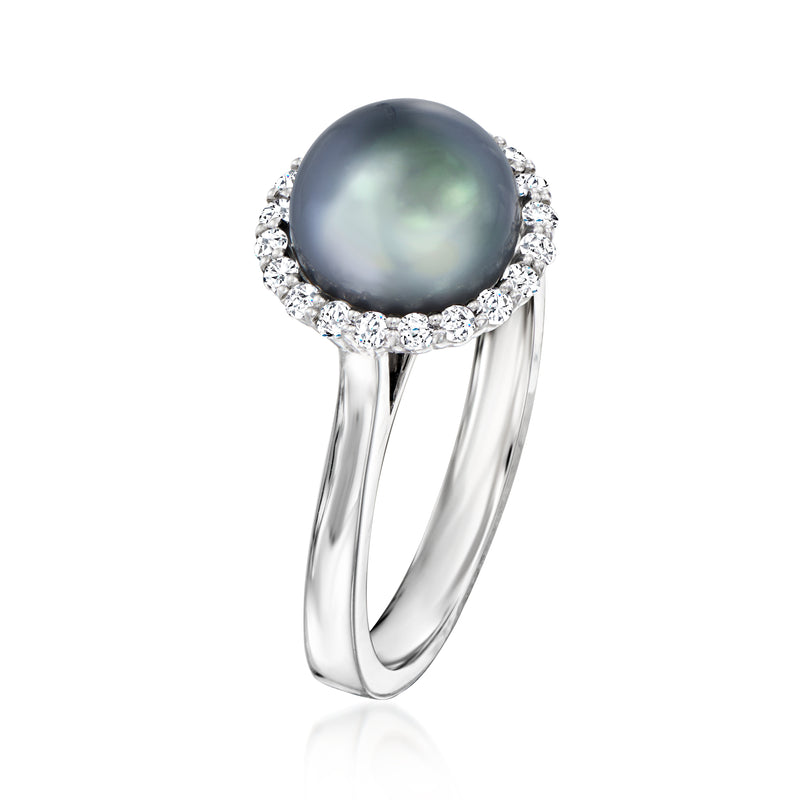 14kt white gold ring with dark round pearl and diamond halo, split shank